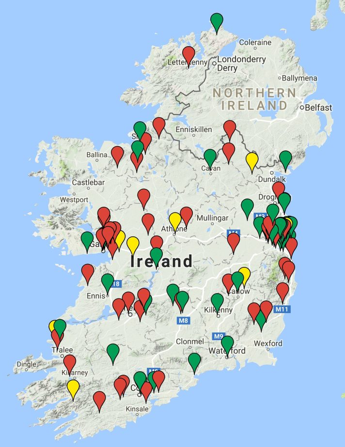 Schools taking part in ReelLIFE SCIENCE 2016. Primary schools are marked red, secondary schools green and shortlisted schools yellow.